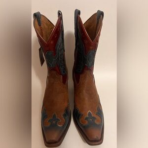 Ariat Brown and Red Western Boots with Blue Overlay